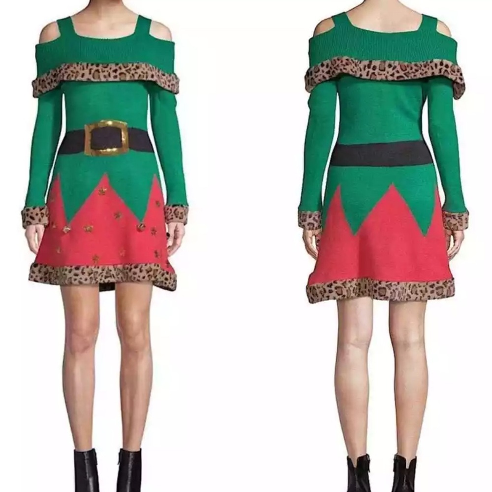 Holiday Time leopard trim off the shoulder jingle bell elf sweater dress M